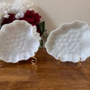 Vintage Milk Glass Grape Dishes Set  Leaf Shaped White Serving Trays Fruit Motif